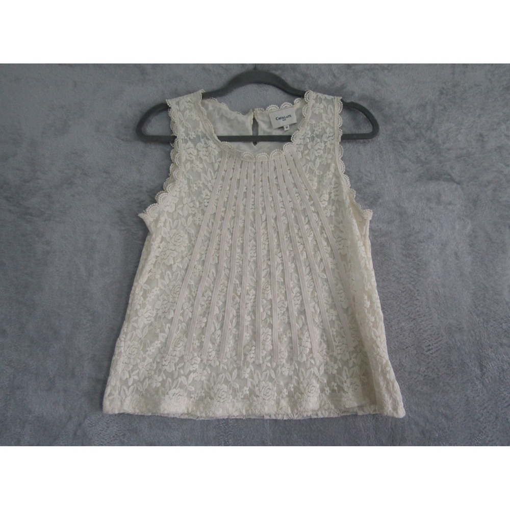 Choklate Paris Cream Lace Pleated Sleeveless Blouse Womens M Boho Chic Fairy